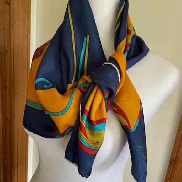 BURMEL Vintage Hand Rolled Bold Retro Print Blue Square Scarf - Picture 11 of 16